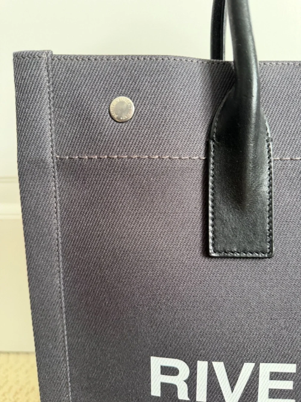 Saint Laurent YSL Rive Gauche Gray Canvas Logo Black Leather Tote Bag - Picture 7 of 16